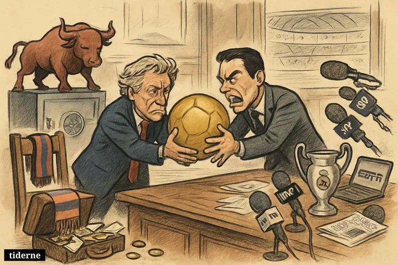 A football transfer tug-of-war shows Barcelona backing away, Real Madrid pushing forward, and RB Leipzig guarding a costly prize ball. (AI-genereret illustration)