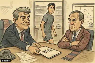 Caricature of Joan Laporta pushing an offer across a boardroom table while an Atlético executive refuses, with Julián Álvarez waiting nearby. (AI-genereret illustration)