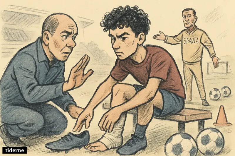 A young injured footballer tries to put on his boots as a worried physio stops him and a coach beckons from the pitch.