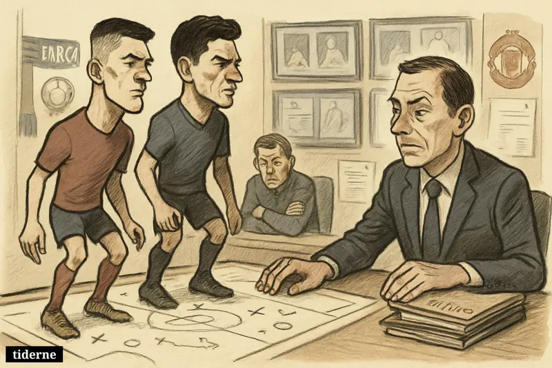 A football transfer office caricature shows two striker options on a tactics table while a sporting director weighs them under a veteran forward’s gaze.