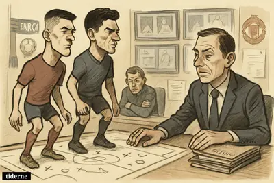 A football transfer office caricature shows two striker options on a tactics table while a sporting director weighs them under a veteran forward’s gaze.