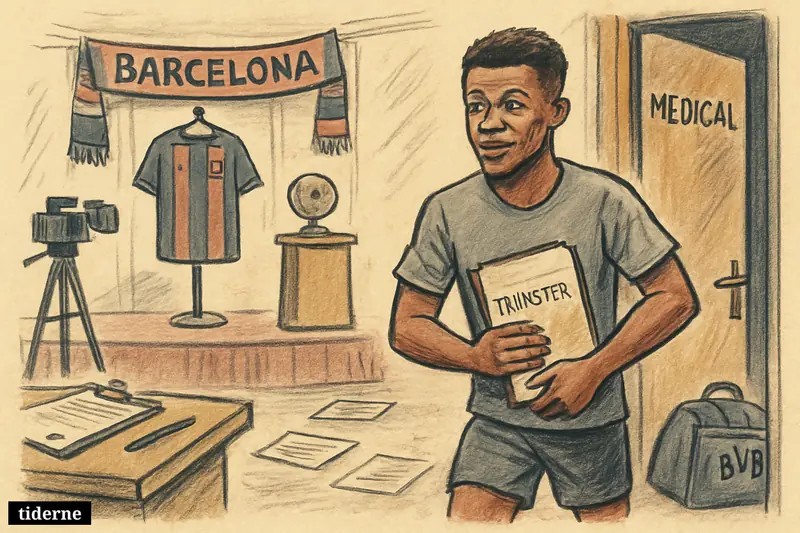 Caricature of Karim Adeyemi leaving a medical room with transfer papers as a Barcelona presentation stage awaits nearby. (AI-genereret illustration)