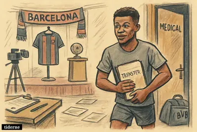 Caricature of Karim Adeyemi leaving a medical room with transfer papers as a Barcelona presentation stage awaits nearby. (AI-genereret illustration)