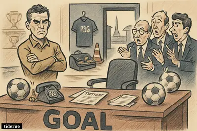 A football transfer office with an empty player chair, ignored contract papers, anxious executives, and a packed suitcase facing an English stadium. (AI-genereret illustration)