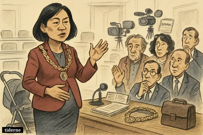 Pregnant mayor Shoko Kawata addresses officials and citizens in a council chamber, with baby items and work symbols highlighting debate over maternity leave.