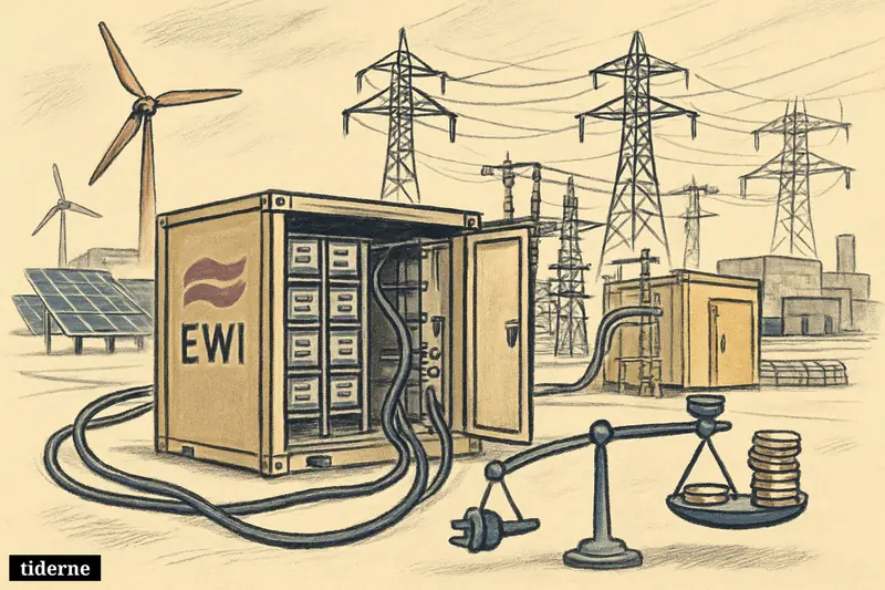 Battery containers beside a substation, connected to wind and solar sources, balancing stored electricity and power demand in an industrial setting.