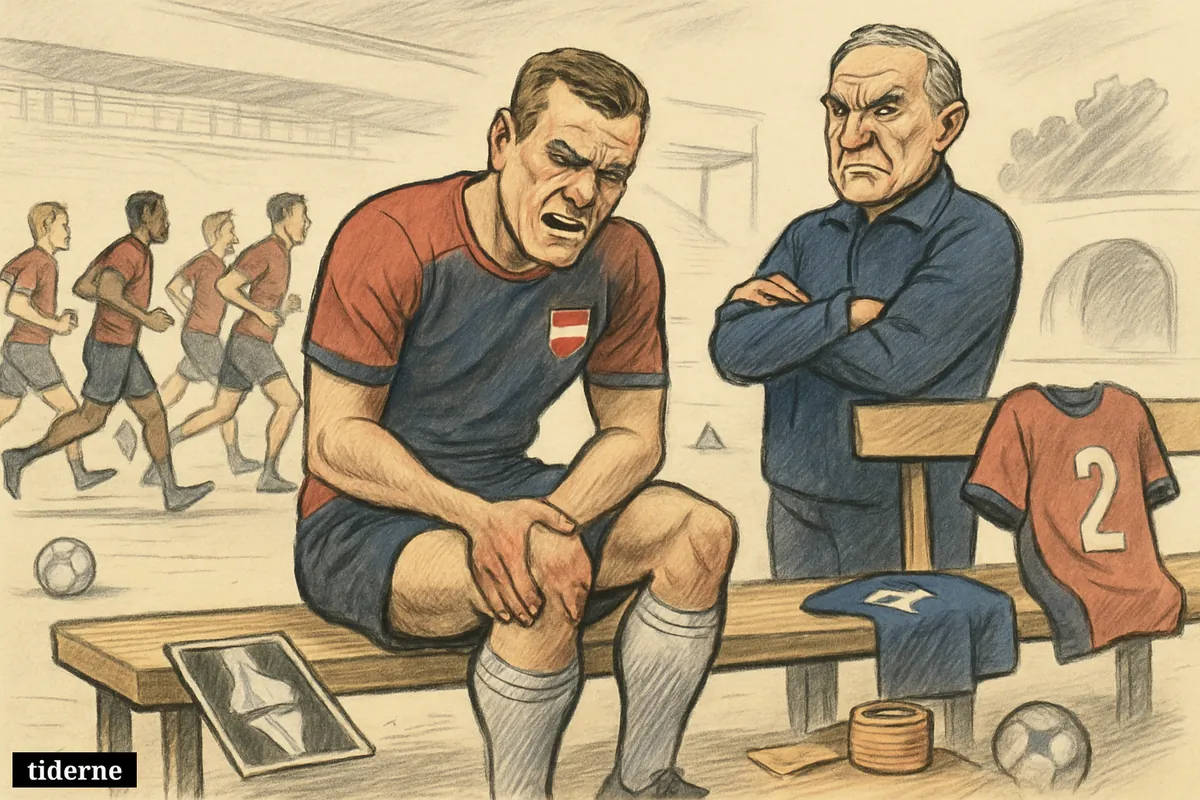 An injured footballer grips his thigh on a bench while a stern coach stands nearby and teammates train without a replacement.