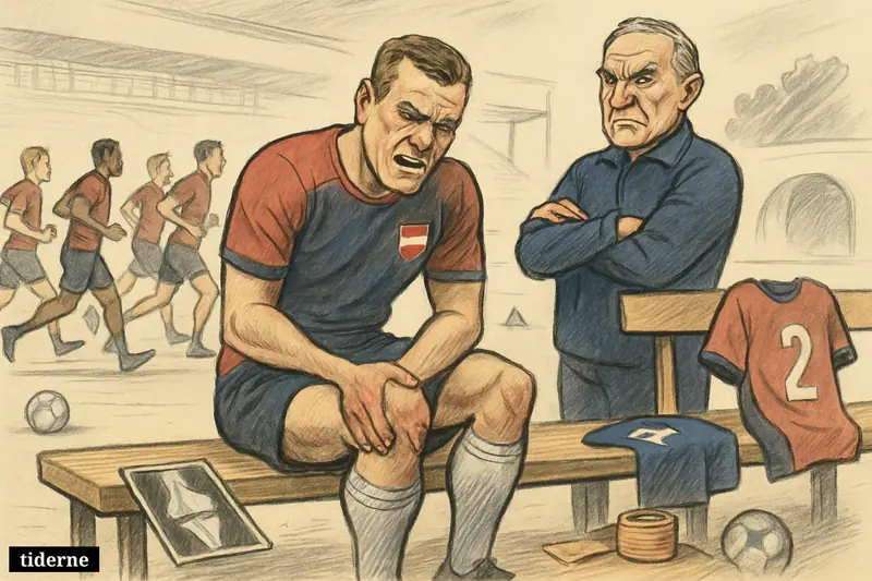 An injured footballer grips his thigh on a bench while a stern coach stands nearby and teammates train without a replacement.