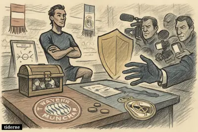 A football transfer standoff shows Bayern guarding a prized winger while Real Madrid reaches across a negotiation table blocked by barriers and media devices.