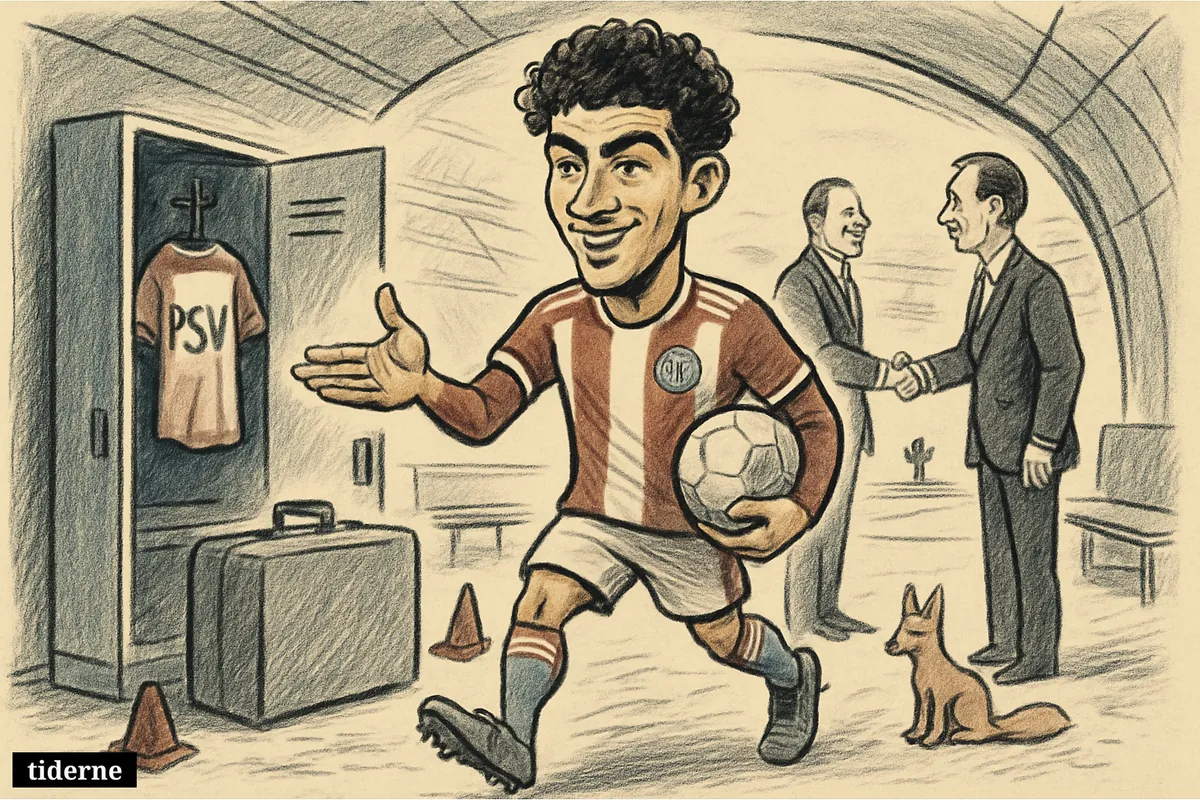 Caricature of Ismael Saibari in a stadium tunnel, greeting a club executive as he arrives for a major football transfer.