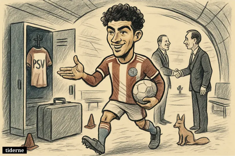 Caricature of Ismael Saibari in a stadium tunnel, greeting a club executive as he arrives for a major football transfer.