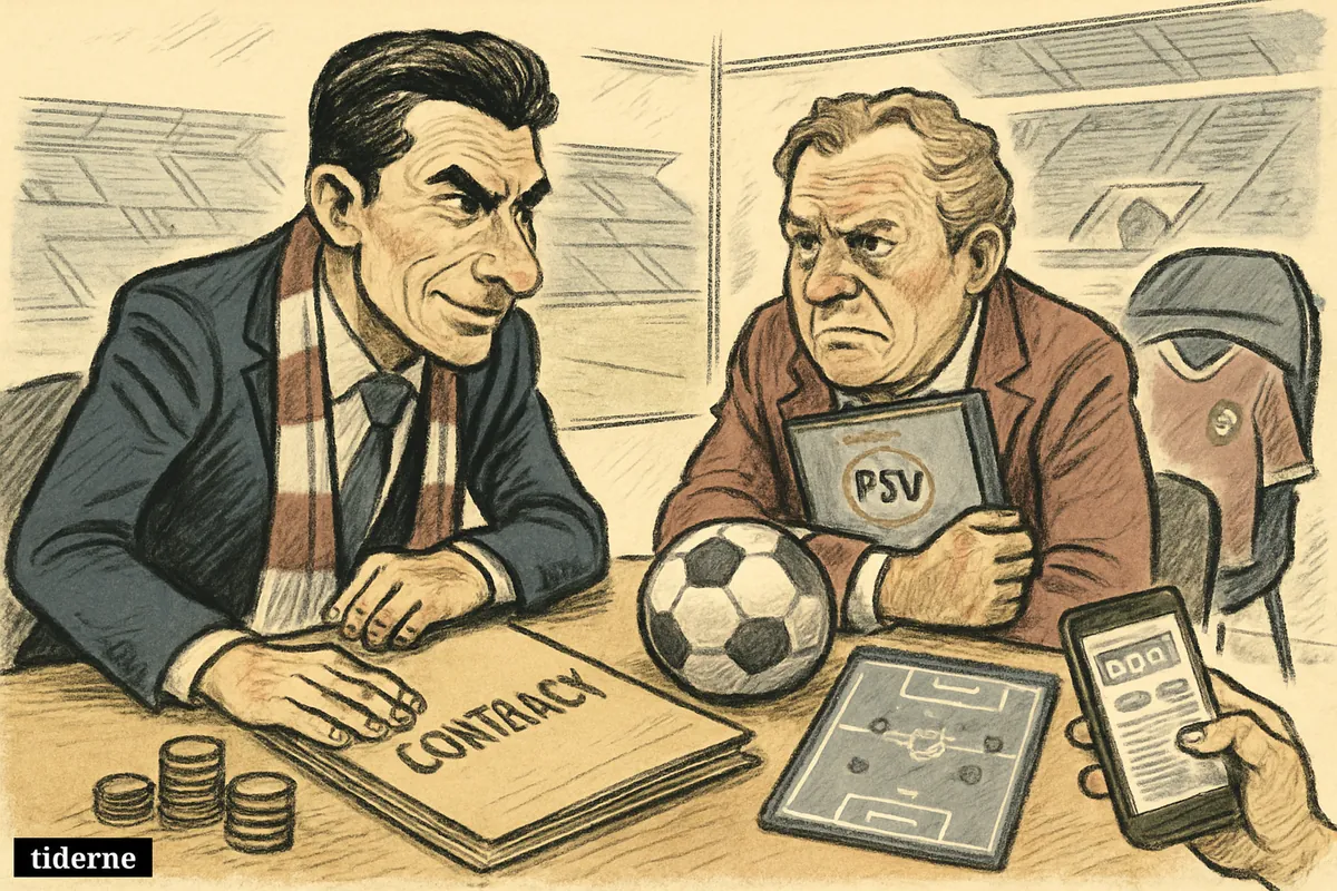 Caricature of football executives negotiating a transfer, with contract papers, a Morocco jersey on an empty chair, and a stadium office setting.