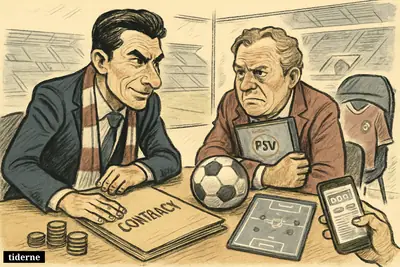 Caricature of football executives negotiating a transfer, with contract papers, a Morocco jersey on an empty chair, and a stadium office setting.