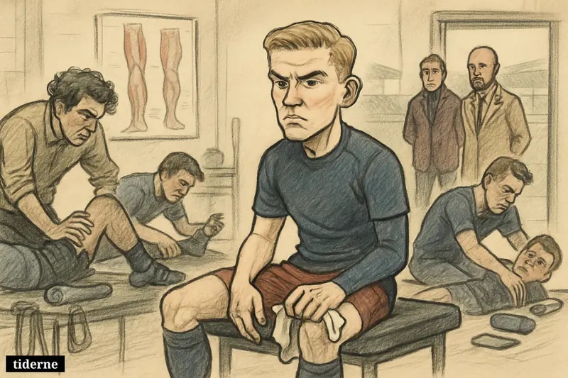 A disappointed young footballer in rehab grips his injured thigh while staff treat other academy players in a club medical room.