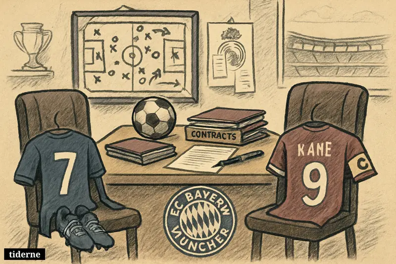 A football boardroom caricature with contracts, two player outfits on chairs, Bayern symbols, and a rival scouting display suggesting paused negotiations.