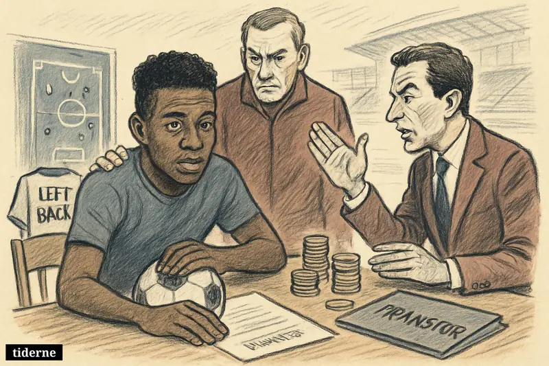 A football transfer caricature shows a young left-back at a negotiation table between two tense club representatives and a supportive coach.
