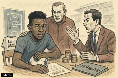 A football transfer caricature shows a young left-back at a negotiation table between two tense club representatives and a supportive coach.