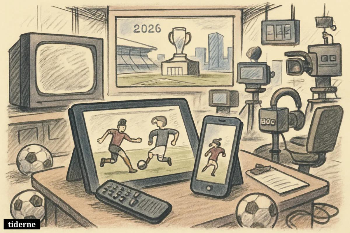 A sports studio caricature shows an old TV sidelined while a tablet and phone take center stage amid football broadcast equipment.