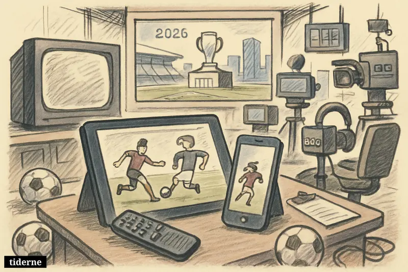A sports studio caricature shows an old TV sidelined while a tablet and phone take center stage amid football broadcast equipment.