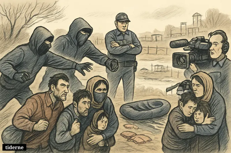 Migrants at a river border are forced back by masked enforcers under police oversight while a BBC news crew records nearby.