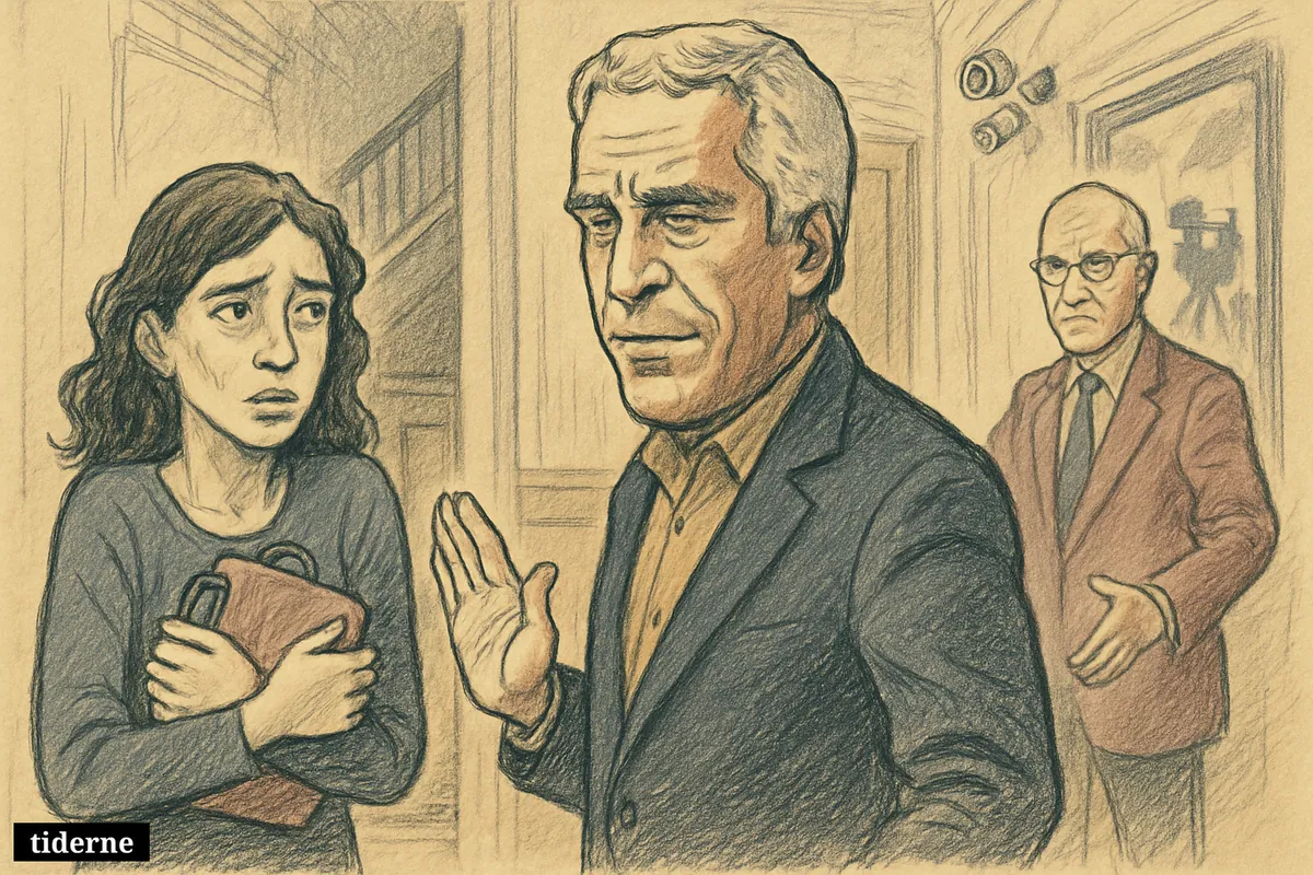 Caricature of Jeffrey Epstein blocking a frightened woman in a Manhattan foyer while another man gestures her toward the door. (AI-genereret illustration)