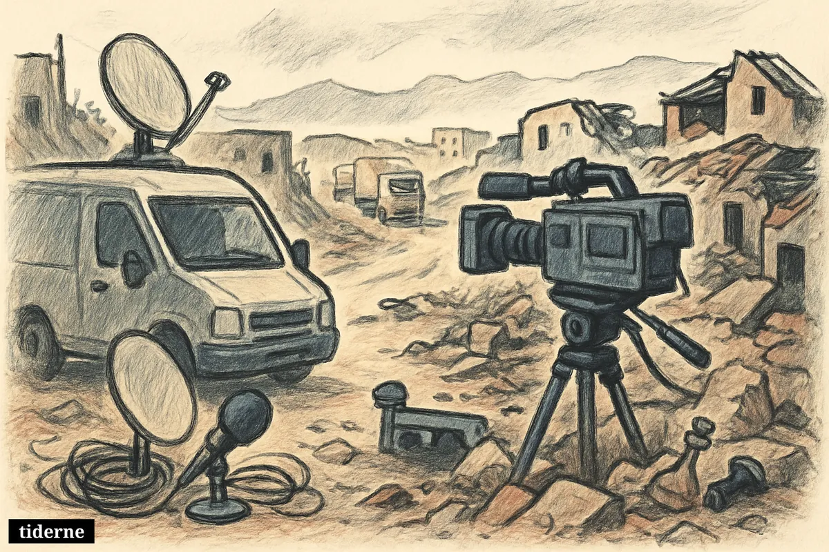 A BBC news van and camera equipment face a ruined South Lebanon village, with convoy trucks, rubble, and subtle ceasefire and justice symbols.
