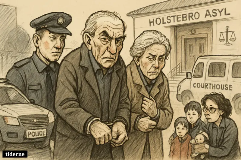 Two elderly grandparents in police custody outside an asylum center, with two children, police officers, and a stopped car nearby.