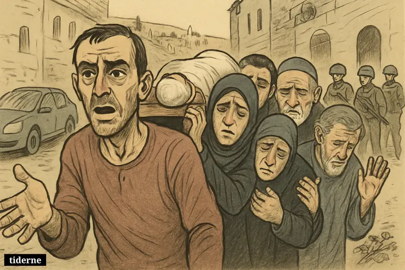 Grieving Palestinian mourners carry an infant shroud through Hebron as the father gestures in anguish, with soldiers and a damaged car behind them.