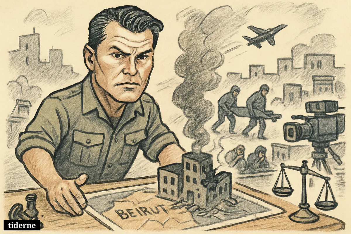 Caricature of Pete Hegseth over a Beirut strike map, with damaged buildings, fleeing civilians, rubble, and distant aircraft.