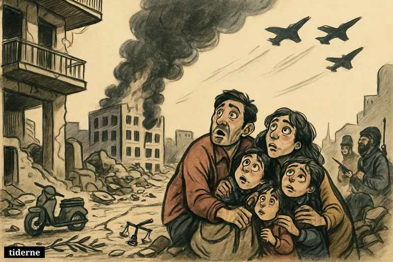 Damaged Beirut street after an airstrike, frightened civilians crouching by rubble, smoke rising, jets overhead, and ceasefire symbols broken in debris.