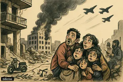Damaged Beirut street after an airstrike, frightened civilians crouching by rubble, smoke rising, jets overhead, and ceasefire symbols broken in debris.
