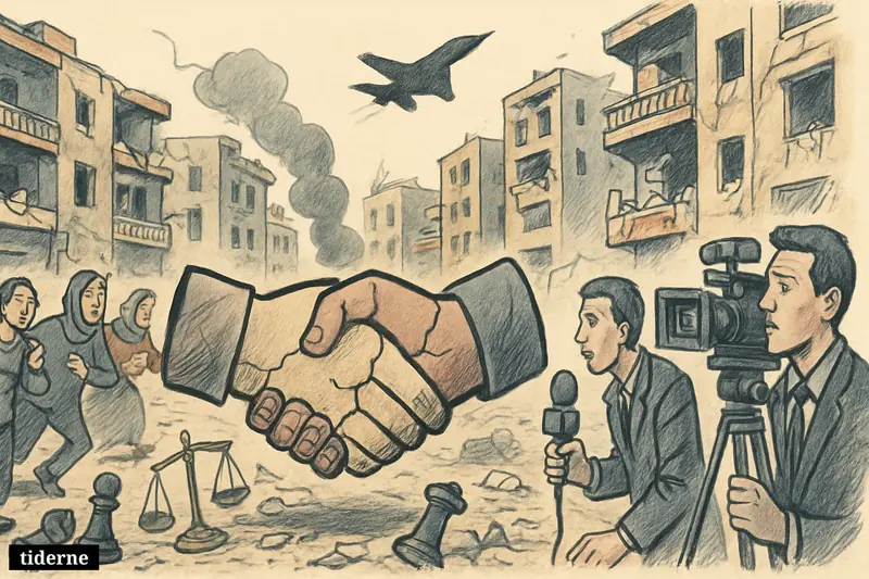 A caricature of Beirut’s Dahieh after an airstrike, with damaged buildings, fleeing civilians, broadcast media equipment, and a cracked ceasefire symbol.