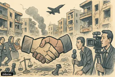 A caricature of Beirut’s Dahieh after an airstrike, with damaged buildings, fleeing civilians, broadcast media equipment, and a cracked ceasefire symbol.