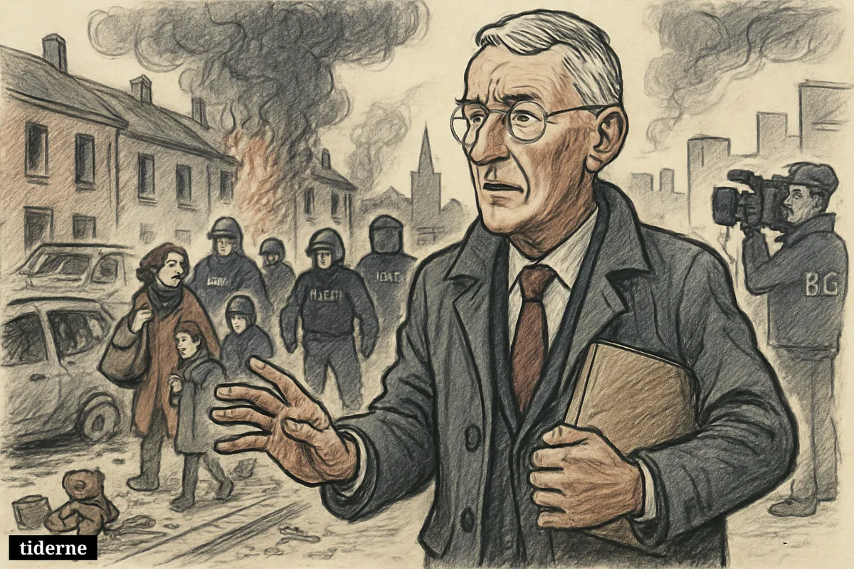 Hilary Benn stands grimly in a Belfast street as displaced families flee burned homes, damaged cars, and police respond to unrest.