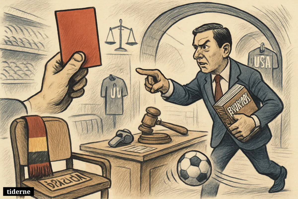 A Belgian football official challenges a red-card decision in a stadium tunnel staged like a legal hearing, with soccer and courtroom props.
