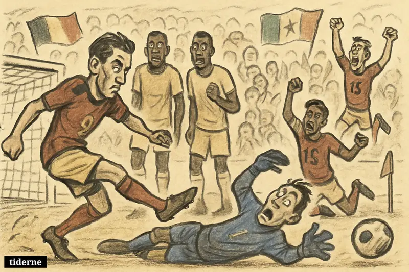 A football caricature scene shows Belgium scoring a decisive late penalty against Senegal as teammates celebrate and opponents react in disbelief.