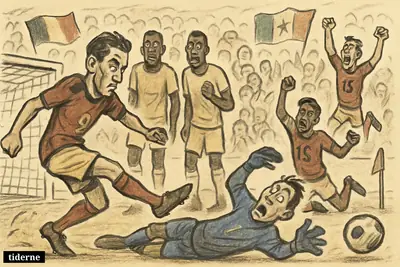 A football caricature scene shows Belgium scoring a decisive late penalty against Senegal as teammates celebrate and opponents react in disbelief.