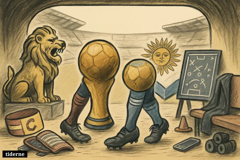 Two trophy-like footballs in a stadium tunnel, flanked by England and Argentina symbols, with gear suggesting a tense internal race before a semifinal. (AI-genereret illustration)
