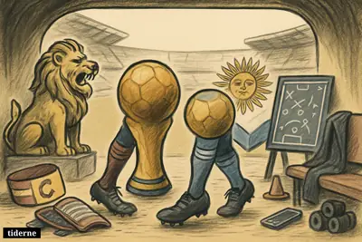 Two trophy-like footballs in a stadium tunnel, flanked by England and Argentina symbols, with gear suggesting a tense internal race before a semifinal. (AI-genereret illustration)
