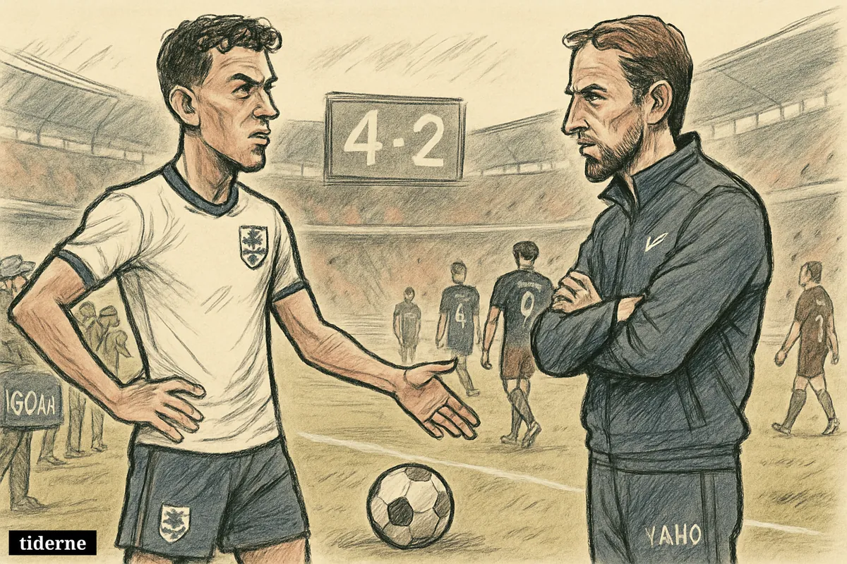 A football star and his national team coach stand tensely on the stadium touchline after a win, with a ball between them and media nearby.