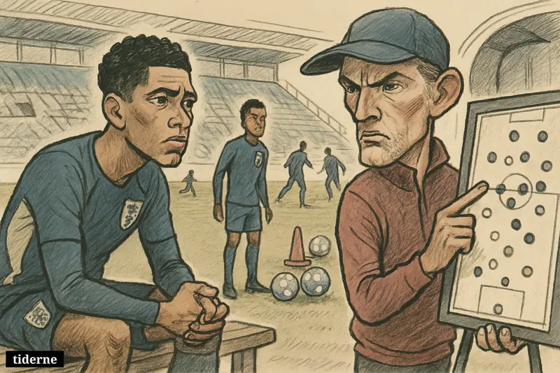 Caricature of Jude Bellingham anxiously watching Thomas Tuchel weigh England lineup choices beside a tactics board before a major tournament.