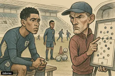 Caricature of Jude Bellingham anxiously watching Thomas Tuchel weigh England lineup choices beside a tactics board before a major tournament.