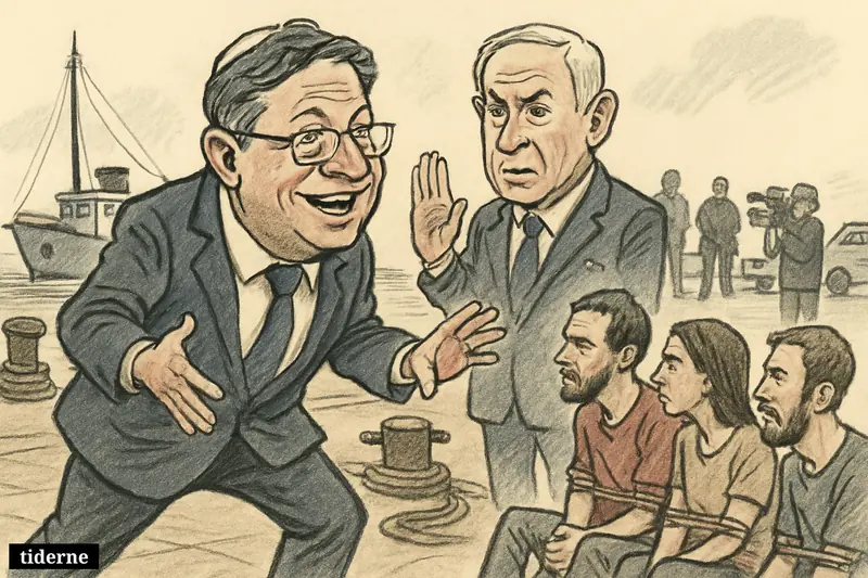Caricature of Ben-Gvir mocking restrained flotilla activists on an Ashdod dock as Netanyahu stands behind him, visibly distancing himself.