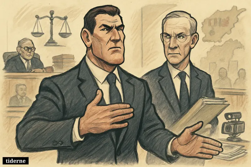 Ben Roberts-Smith stands defiantly in court while Paul Brereton watches with legal files, surrounded by justice symbols and subtle media scrutiny.