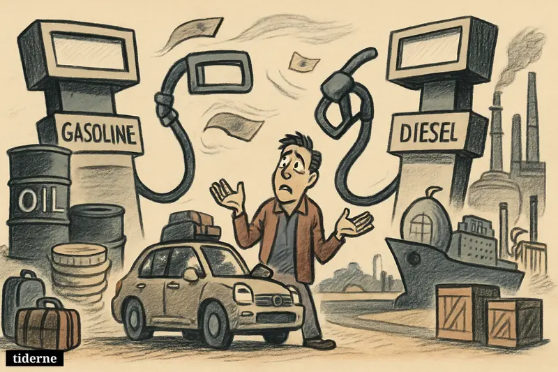 A confused driver at a fuel station watches swaying gasoline and diesel pumps, with oil barrels, refinery structures, coins, and currency gusts nearby.