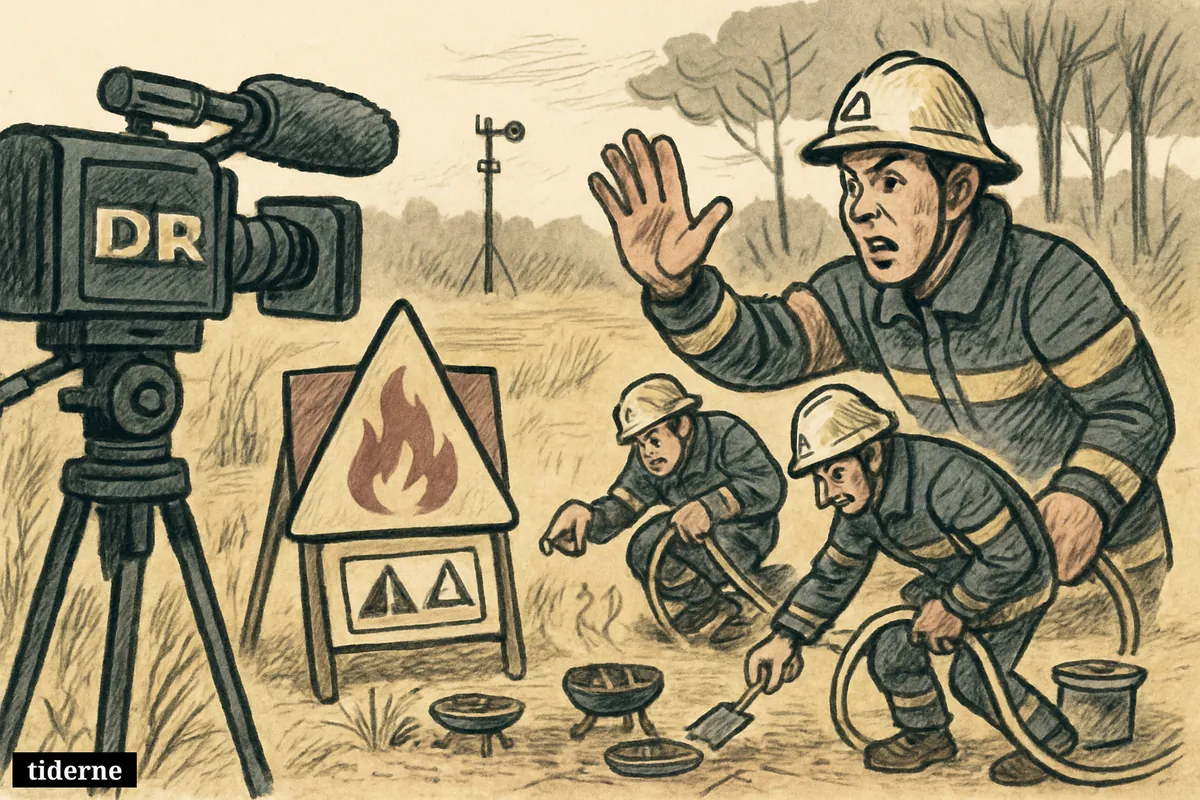 Firefighters warn of wildfire danger in a dry woodland while a broadcast camera covers heatwave conditions and a smoldering grill. (AI-genereret illustration)