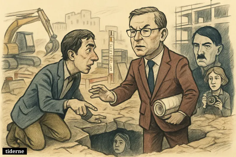 Christian Gaebler argues at a Berlin building site while spectral Adolf Hitler and Eva Braun loom from an exposed bunker below.