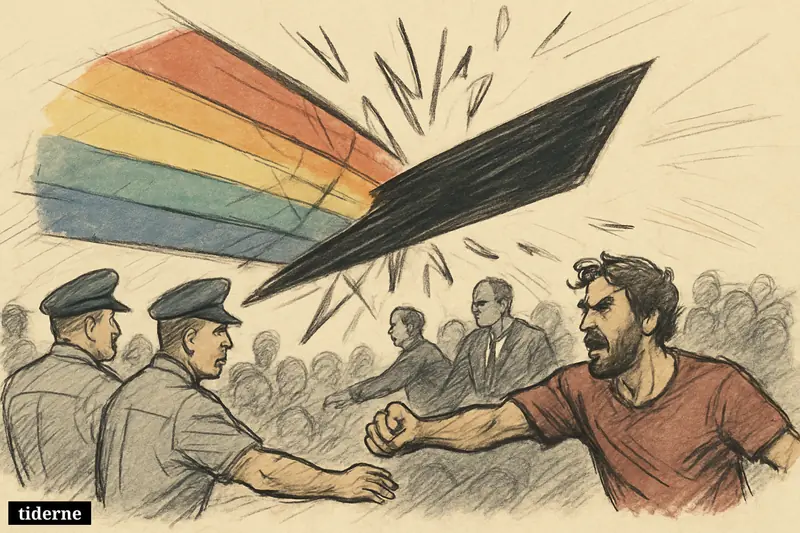 Shattered rainbow prism fragments scatter across a black background as a dark wedge cuts sharply through the center (AI-genereret illustration)