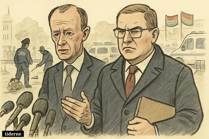 Caricature of Friedrich Merz and Alexander Dobrindt before a police cordon, with officers, a white van, and Pride-related memorial elements in Berlin. (AI-genereret illustration)