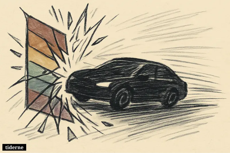 Shattered rainbow prism fragments scatter across a dark background as a sleek black car silhouette cuts through the center (AI-genereret illustration)
